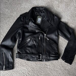 All Saints Jet Black Leather Biker Jacket
